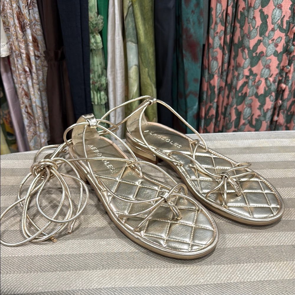 AEROSOLES Metallic Gold Lace-Up Quilted Flat Sandals